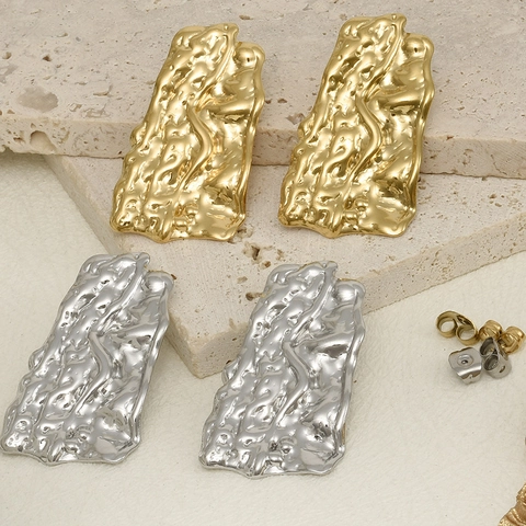 Unregelmäßige Lava Textur Ohrstecker Edelstahl Gehämmert 18K Vergoldet Mode Schmuck Für Frauen