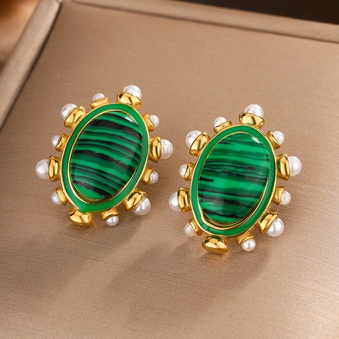 Pendientes de Botón Ovalados de Acero Inoxidable Vintage Francés Chapados en Oro Con Perlas Artificiales y Esmalte Turquesa