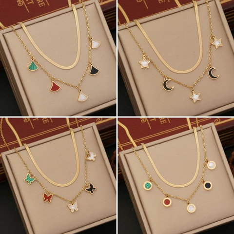 Stainless Steel Double Layer Necklace Gold Butterfly Star Moon Fan Pendant Fashion Jewelry For Women