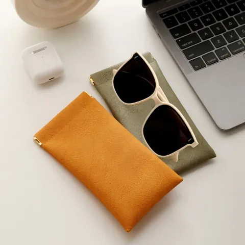 Portable PVC Leather Sunglasses Bag Automatic Spring Closure Lychee Pattern Eyewear Case Soft Velvet Lining Glasses Storage Pouch