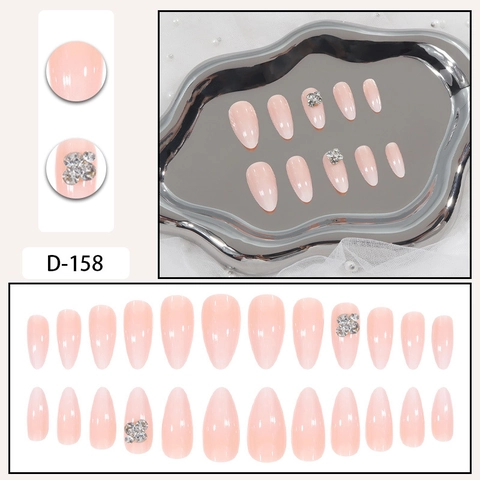 Ombre Nude Rosa Press-On Nägel Glänzend Mandelform Künstliche Falsche Nägel Mit Strassschleife Für Frauen