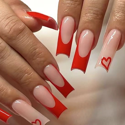 Uñas Postizas Press On French Tip Rojas Cuadradas Largas Patrón De Corazón Plástico Brillante San Valentín Para Mujeres