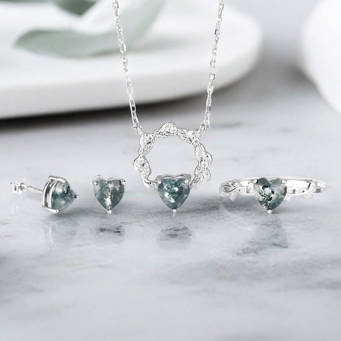 925 Sterlingsilber Moosachat Herz Anhänger Halskette Offener Ring Ohrstecker Für Damen Vintage Botanischer Schmuck Geschenk