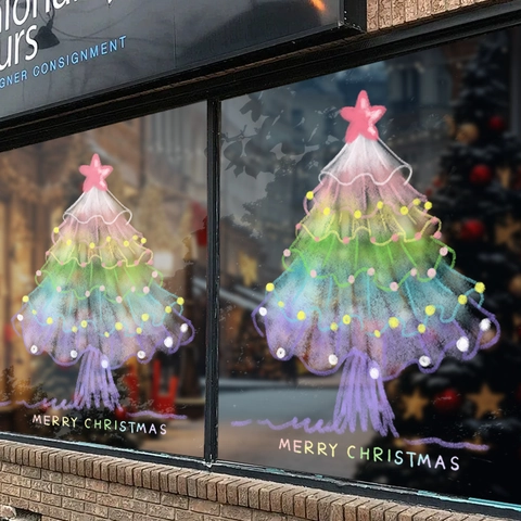 Christmas Tree Window Stickers PVC Static Cling Rainbow Gradient Double Sided Hand Drawn Chalk Art For Glass Door Home
