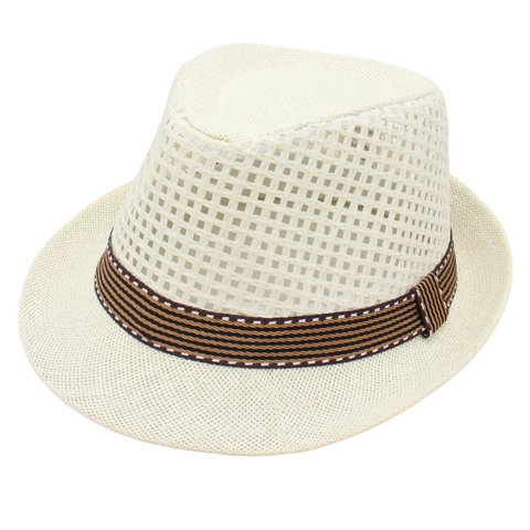 Cappello Fedora In Paglia Intrecciata Traspirante Traforato Protezione Solare Estate Spiaggia Stile Gentleman Nastro Righe
