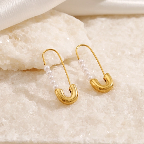 Orecchini A Spilla Di Sicurezza Placcati Oro Acciaio Inossidabile Perla Artificiale Minimalista Retro Gioielli Donna