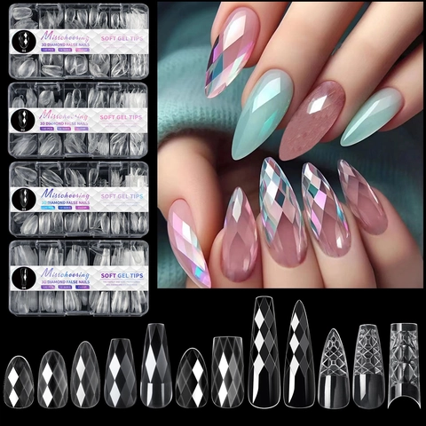 Unghie Finte Diamante 3D Soft Gel Tips Trasparente Chiaro Trama Rombo Press On Nails Mandorla Balletto Forma Donne Manicure