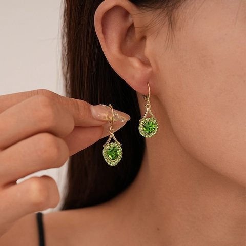 Pendientes De Aleación Vintage Con Pedrería Y Piedras De Vidrio Verdes Colgantes Retro Para Mujeres