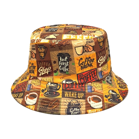 Vintage Koffie Print Vissershoed Polyester Zonbescherming Ademend Zonnehoed Strand Reizen Outdoor Accessoire Voor Dames
