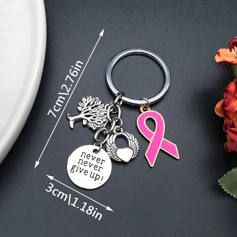 Portachiavi Ispiratore in Argento Antico Albero della Vita Cuore Alato Never Give Up Lega Nastro Rosa Consapevolezza del Cancro al Seno