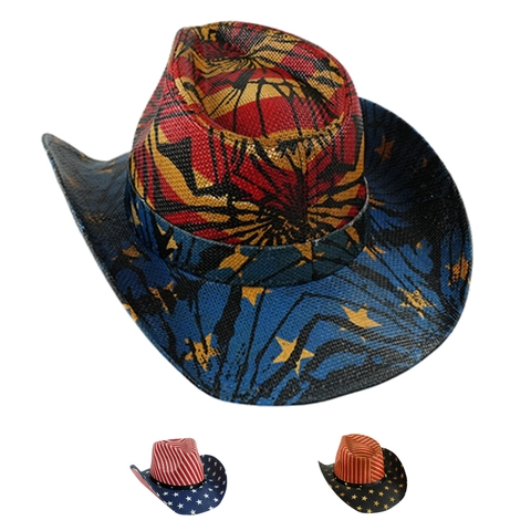 Western Cowboy Hat Paper Straw American Flag Stars And Stripes Wide Brim Sun Hat With Rivet Decor For Outdoor Party Men Women