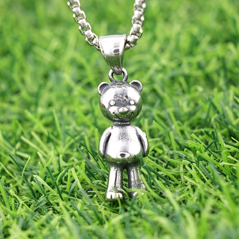 Stainless Steel Bear Pendant Necklace Retro Cute 3D Animal Jewelry For Men Women Hip Hop Punk Style