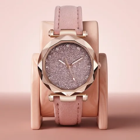 Orologio Al Quarzo Da Donna Moda Quadrante Stellato Glitter Accenti Strass Vetro Sfaccettato Cinturino In Ecopelle Elegante