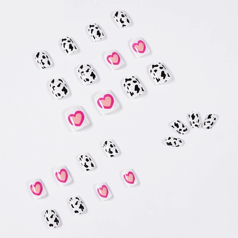 Press On Nails Cow Print Pink Heart Pattern Short Square Shape Glossy Finish Artificial Full Cover Waterproof Removable For Women