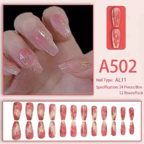 Kunstnagels Press On Roze Ombre Goudfolie Lange Doodskist Verloop Elegant Zoet Voor Dames Met Lijm