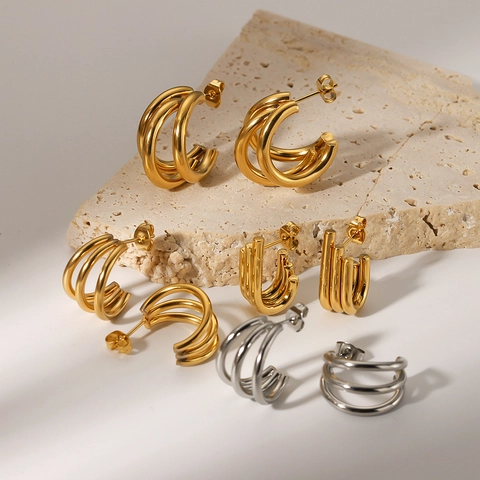 Minimalist Geometric Multi Layer Hoop Earrings For Women 18K Gold Plated Stainless Steel Western Style C Shaped Studs