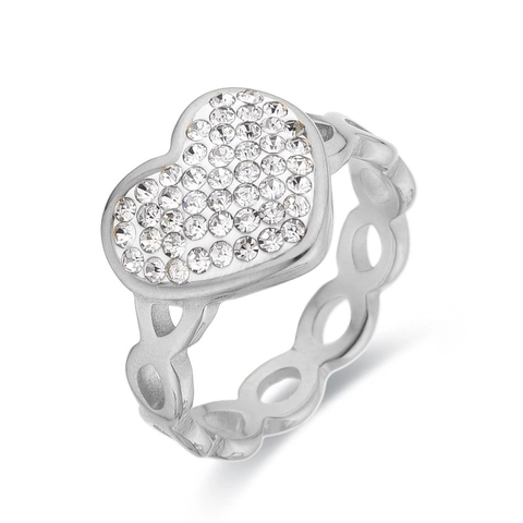 Heart Shape Rhinestone Stainless Steel Ring With Hollow Chain Band Fashion Jewelry For Women