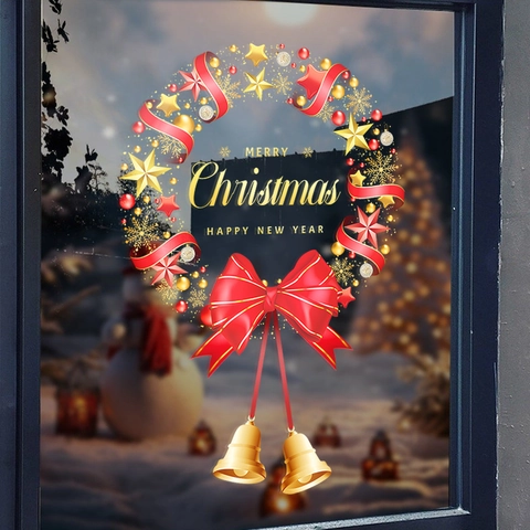 Christmas Wreath Window Stickers Static Cling PVC Double Sided Glass Decals Merry Christmas Holiday Home Party Decoration
