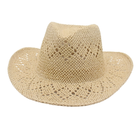Western Cowboy Strohhut Ausgehöhlt Gewebt Atmungsaktiv Breite Krempe Sonnenschutz Sommer Strand Accessoire Damen