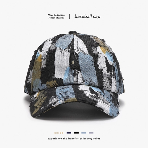 Cappello Da Baseball In Denim Distressed Con Schizzi Di Graffiti E Cinturino In Pelle Regolabile Stile Streetwear Retro