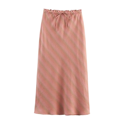Women Linen Midi Skirt High Waist Elastic Drawstring A-Line Casual Solid Color Striped Summer Chic