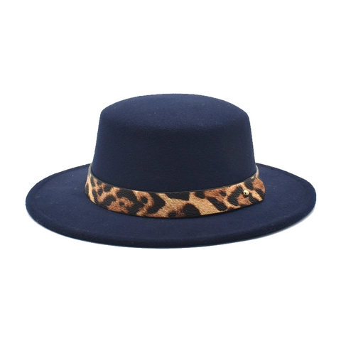 Vintage Flat Top Boater Hat Imitation Wool Felt Jazz Hat With Leopard Print Band Gold Rivet For Men Women