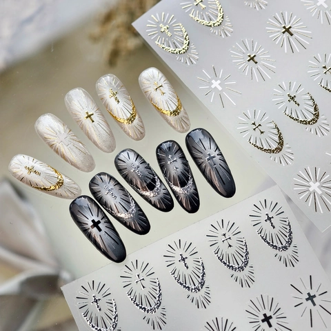 Adesivi Per Unghie Croce Gotica Metallico Luce Sacra Stella Motivo M-1309 Decorazione Manicure Fai Da Te Per Donne