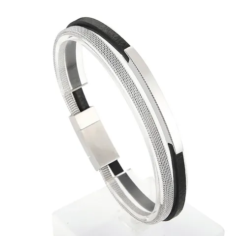 Pulsera De Doble Capa Para Hombre De Cuero De Vaca Y Cadena De Malla De Acero Inoxidable Con Cierre Magnético