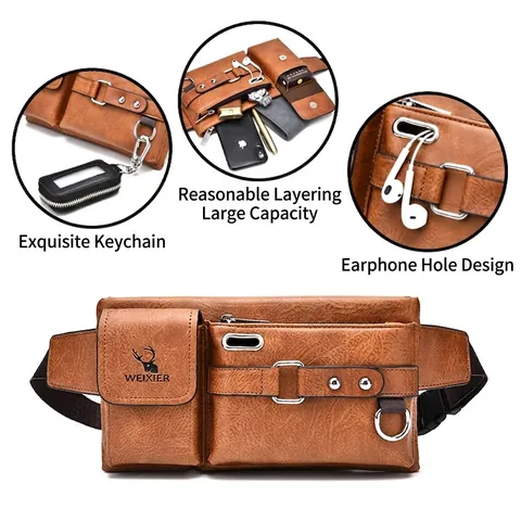 Men Chest Bag PU Leather Crossbody Sling Pack Vintage Tactical Waist Bag With Headphone Hole Multi Pocket For Travel