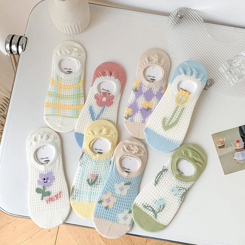 Damen Füßlinge Baumwolle Mesh Atmungsaktiv Unsichtbare Socken Rutschfest Silikon Blumenmuster Cartoon Tulpe
