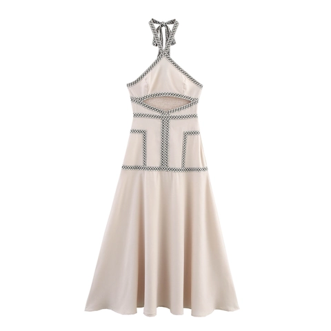 Vestito Maxi Halter Schiena Scoperta Vita Arricciata Spalline Ricamate Geometriche Linea A Boho Estate Vacanze Donne