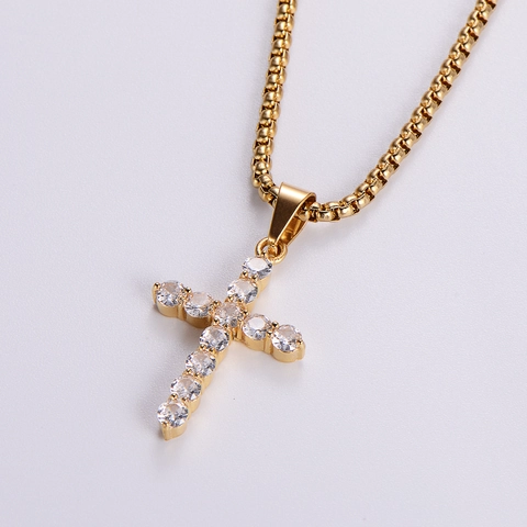 Collar Con Colgante De Cruz De Circonita Cuadrada De Acero Inoxidable Micro Pavé Joyería Religiosa Cadena De Caja Hombre Mujer