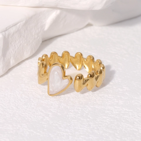 Heart Shaped Stainless Steel Enamel Ring Adjustable Gold Plated Elegant Jewelry For Women Sweet Style