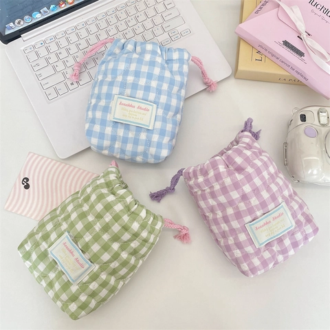 Quilted Checkered Drawstring Bag Heart Pattern Camera Pouch Soft Padded Storage Case Cosmetic Organizer Travel Accessory
