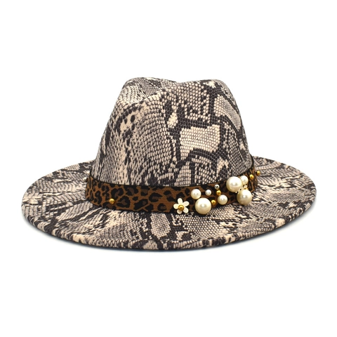 Sombrero Fedora Vintage Estampado Serpiente Banda Leopardo Perla Artificial Flor Decoración Ala Ancha Fieltro Lana Jazz Mujer Hombre