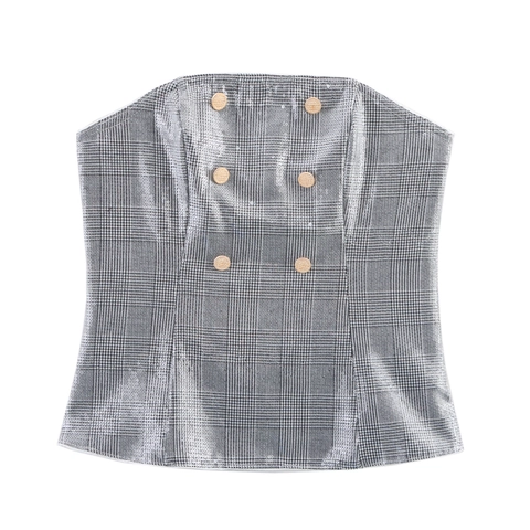 Ensemble Deux Pièces Pour Femmes À Paillettes Et Carreaux Top Bandeau Et Pantalon Droit Style Fête Élégant Gris Argent