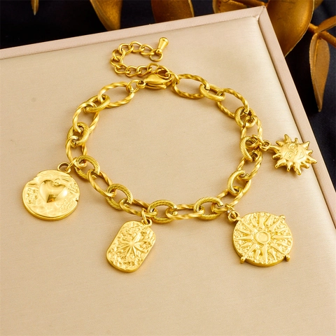 Bracciale Con Ciondoli In Acciaio Inossidabile Placcato Oro Per Donna Vintage Sole Cuore Stella Gioielli