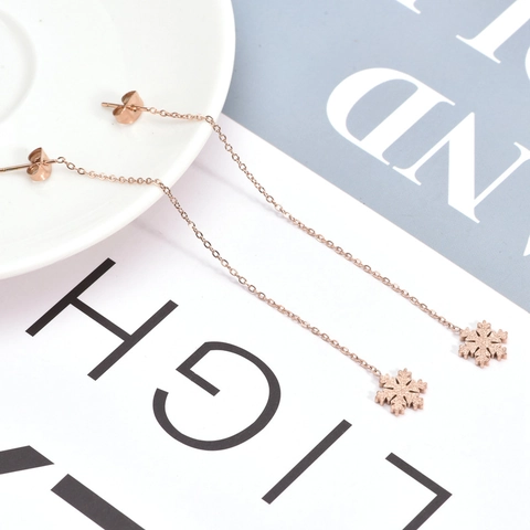 Boucles D'oreilles Gland À Longue Chaîne Flocon De Neige Plaqué Or Rose Acier Titane Élégant Minimaliste Bijoux Femmes