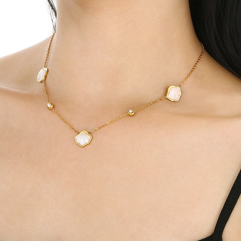 Stainless Steel Necklace Earrings Gold Plated Mother Of Artificial Pearl Shell Flower Cubic Zirconia Elegant Ocean Style For Women