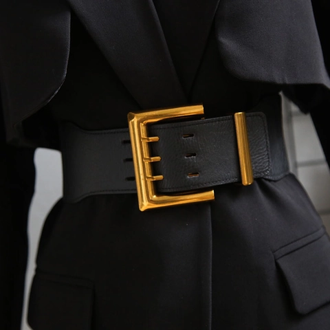 Women Wide Elastic Waist Belt Retro Faux Leather Gold Square Pin Buckle Fashion Corset Waistband For Coat Dress