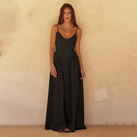 Elegantes Maxi-Kleid Mit V-Ausschnitt Und Rückenfrei Spaghettiträger Hohe Taille Einfarbig Sexy A-Linien Slip Langes Kleid