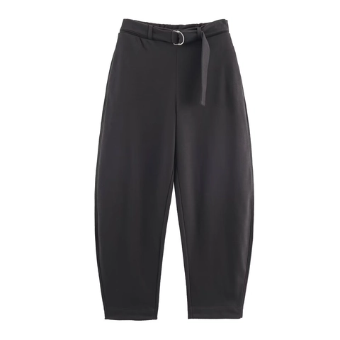 Women High Waist Tapered Casual Pants With Belt Solid Color Polyester Commuting Fashion Ankle Length Carrot Pants