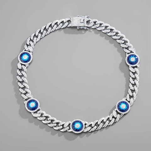 Cuban Link Necklace With Blue Evil Eye Charms Alloy Rhinestone Hip Hop Street Style Jewelry For Men And Women