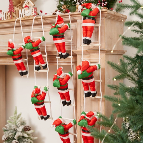 Christmas Santa Claus Climbing Ladder Rope Hanging Ornament Polyester Wood Festive Party Decoration Home Xmas Tree Decor