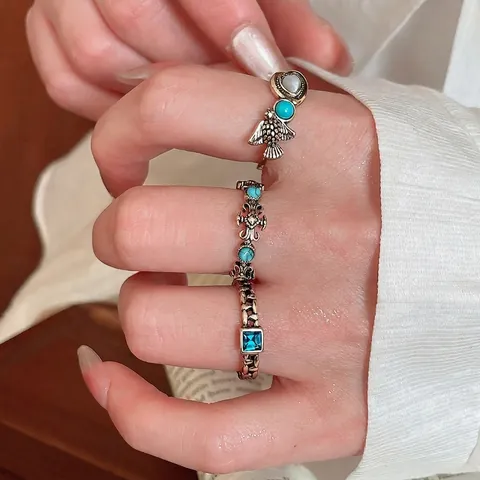 Anillo Abierto Bohemio Vintage Resina Aleación Turquesa Corazón Pez Pájaro Joyería Retro Para Mujer