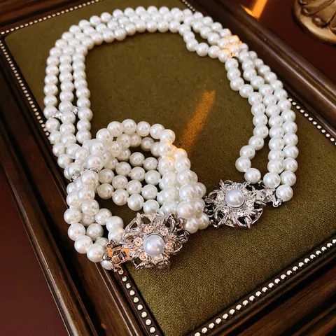 Multi Layer Imitation Artificial Pearl Necklace And Bracelet Alloy Rhinestone Flower Clasp French Vintage Luxury Elegant Jewelry