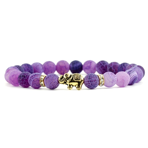 Pulsera de Cuentas de Piedra Natural Ágata Lava para Mujer Hombre Colgante Elefante Aleación Oro Strass Joyería Yoga Elástica