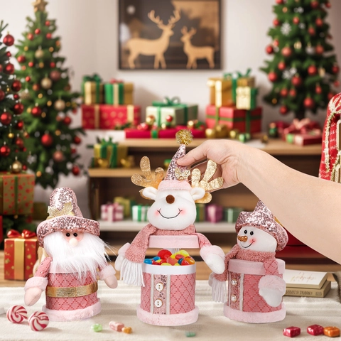 Roze Loofjes Kerst Snoeppot Kerstman Sneeuwpop Rendier Pluche Stof Vakantie Feest Decoratie Opslag Container