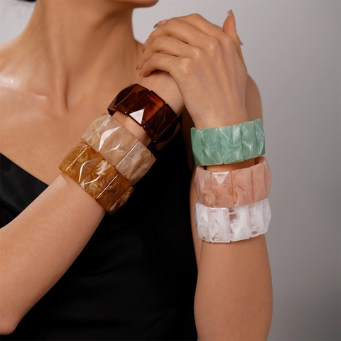Retro Chunky Acrylic Bangle Bracelet For Women Marble Pattern Geometric Elastic Resin Hand Jewelry Vintage Minimalist