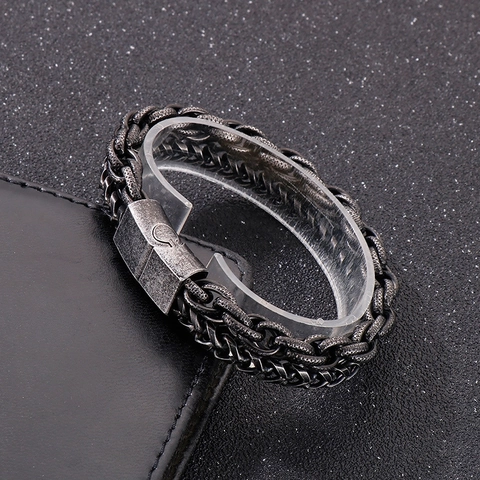 Bracciale A Catena Doppio Strato Da Uomo Vintage Punk Rock Acciaio Inossidabile 316L Finitura Invecchiata Gioielli Moda